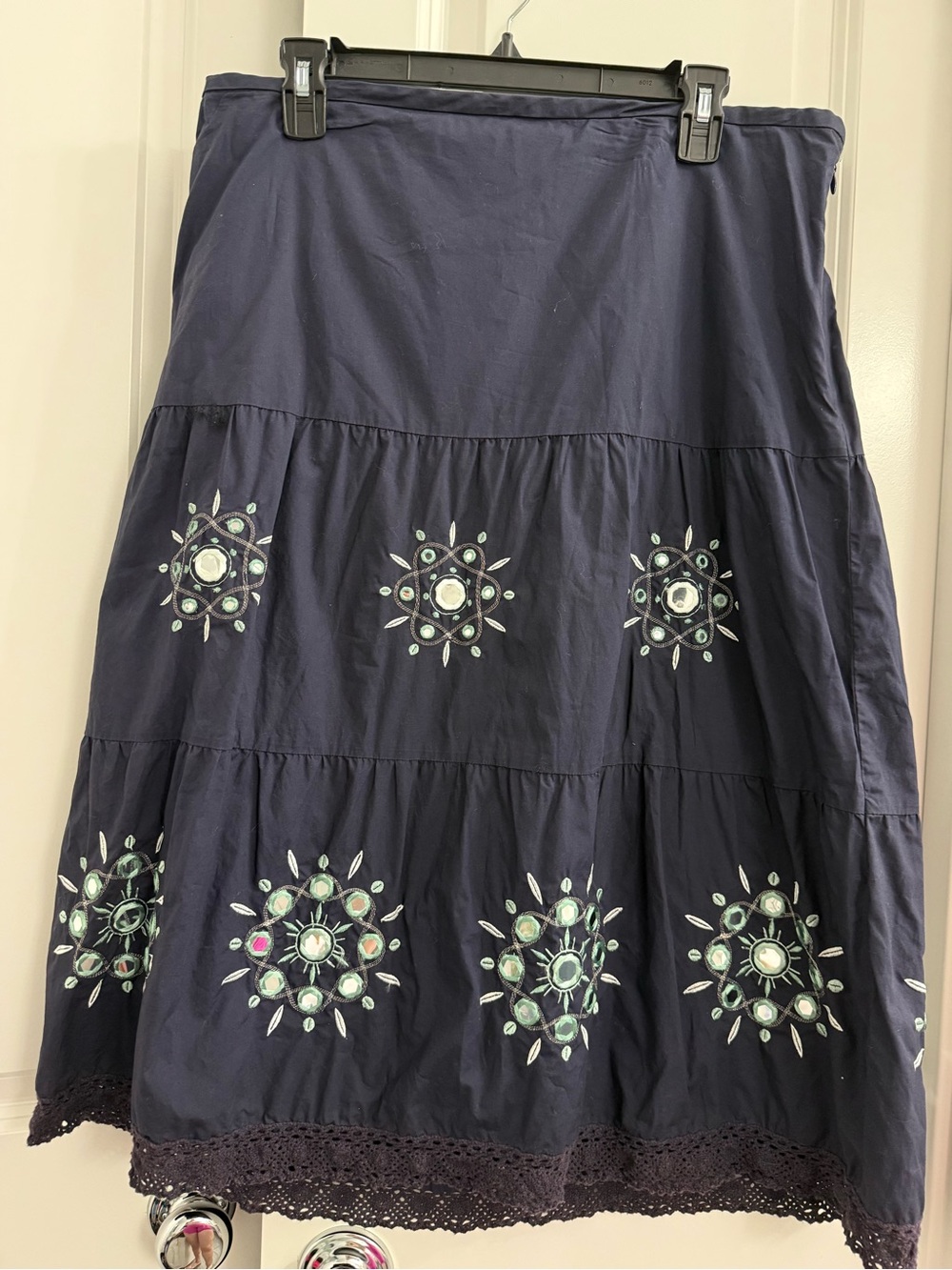 Ann Taylor Loft Skirt Navy Blue Boho Peasant Embroidered Mirror Mandalas 12 NWOT